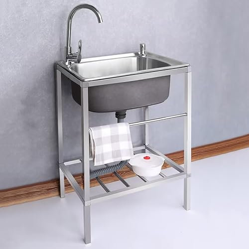 Évier De Sur Pieds Cuisine Inox 1 Bac, De Restaurant Commercial Professionnel Extérieur Évier Utilitaire Acier Inox for L'extérieur Robinet D'eau Chaude Et Froide, for Garage, Camping Car, Buanderie