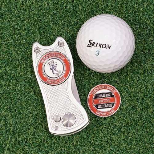 Man Utd Ball Marker with Golf Divot Repair Tool - Gift Combo. Pitch Mark Tool has Pop-up Button & Foldable Tines to Protect Pockets. Lightweight, Portable. (silver)