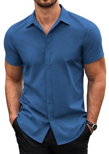 COOFANDY Mens Short Sleeved Shirts Summer Shirts Regular Fit Casual Shirts Non Iron Dress Shirts Button Down Shirt Work Office Dark Blue M