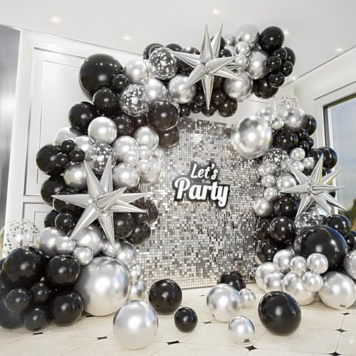 161pcs Black and Silver Balloons Garland Arch Kit with Explosion Star Balloon, Metallic Sliver and Black Balloons for Birthday Graduation Baby Shower Disco New Years Party Decorations