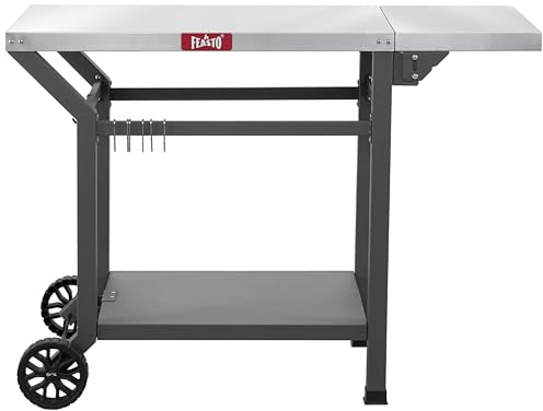 Feasto Grilltisch für den Außenbereich, 101,6 x 50,8 cm, beweglicher Pizzaofentisch mit Rollen, Edelstahl-Grillwagen mit Ablagefach und faltbarer Verlängerung, 6 zusätzliche Haken, für die Zubereitung