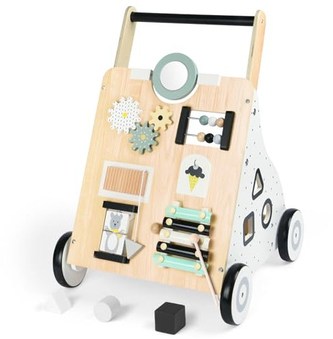 Aolso Baby Walker Holz Kleinkind Push Along Walker mit Blöcken, Mehrere Lernspielzeuge Activity Center, Activity Walker Unterstützt Motorik, Kognitive Entwicklung für Jungen Mädchen Alter 12 Monate +