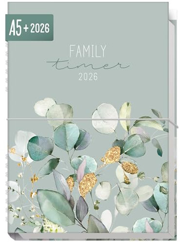 Häfft® Family-Timer 2026 A5+ Minty Leaves Familien-Kalender für 4 Personen, Familien-Planer 12 Monate: Jan bis Dez 26, Family-Organizer - nachhaltig & klimafreundlich