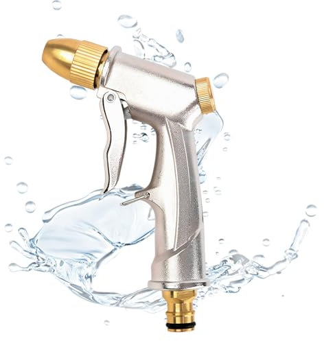 Garden Hose Spray Gun with Full Brass Nozzle, 100% Heavy Duty Metal Handheld Garden Hose Spray Gun, High Pressure Adjustable Nozzle with 4 Spraying Modes for Plants Watering, Car Washing, Pet Washing