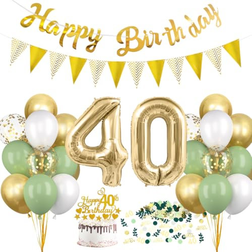 HUKUMA 40 Geburtstag Deko, Salbeigrüne Deko 40.Geburtstag Frauen Männer,40er Geburtstagdeko Luftballon mit Girlande Grün Weiß Gold,Tortendeko Avocado Grüne Konfetti Ballon für Geschenk
