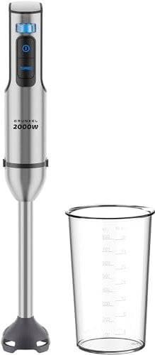Grunkel - Batidora de Mano potente de 2000W Acero Inoxidable, Vaso incluido y opción set accesorios con Varilla, Picadora y Soporte. Encaje Metalico y Base de Silicona (2000 W y Vaso)