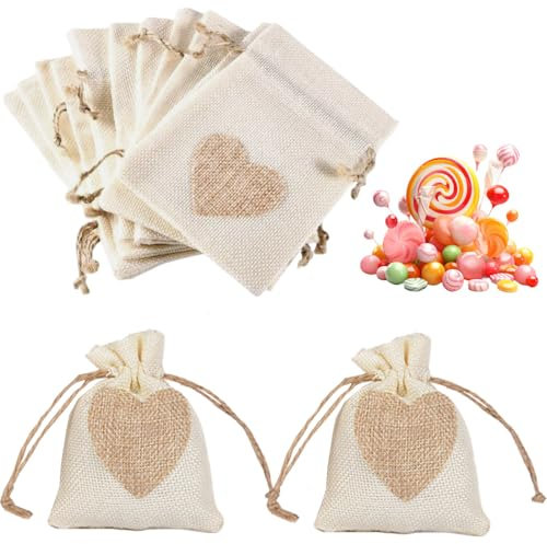 LAJUP 10Pcs Motif de Coeur Sachets en Toile de Jute Pochettes 10 * 8CM, Petit Pochon Dragees pour Dragees Mariage pour Bonbons Adeaux Cadeau Baptême Anniversaire Noël Pâques