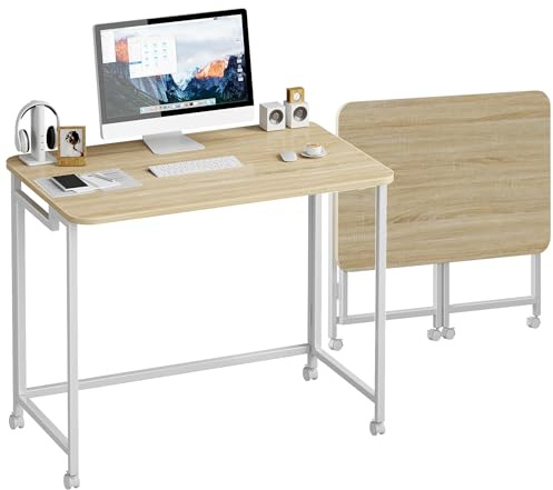 JSB Kleiner faltbarer Computertisch mit Aufbewahrungstasche und Haken, moderner industrieller Arbeitstisch, Laptop für Zuhause, Büro, Weiß (Natur und Weiß, 80 cm)
