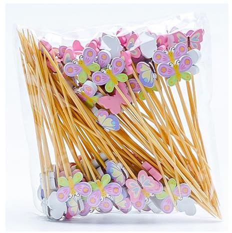 100 Palitos de Cóctel con Forma de Mariposa, Palillos de Madera de 12 cm, Brochetas de Fruta para Niños, Brochetas de Shish Kebab, Decoración de Cóctel
