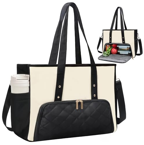 Jetviivid Laptop Tote Bag with Insulated Lunch Compartment, 15.6 Inch Work Bag Computer Handbag for Women, Lunch Tote for Office,Work, Nurse, Teacher, College, Casual,Travel, Black-Beige