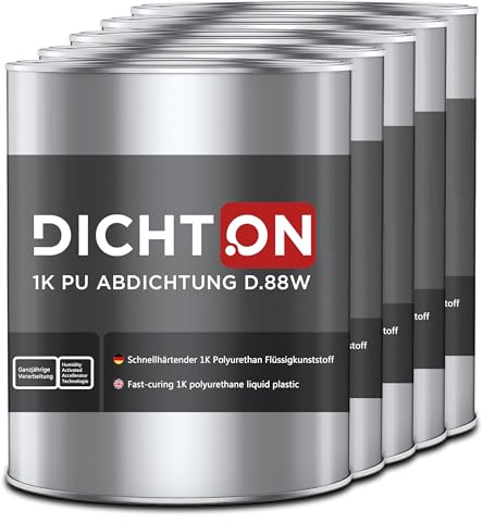 1K PU Abdichtung grau 5x1kg - Polyurethan Flüssigkunststoff Abdichtungsmasse für Dach, Balkon, Terrasse - neueste Generation, schnellhärtend, blasenfrei, ganzjährige Verarbeitung - DICHTON D.88W