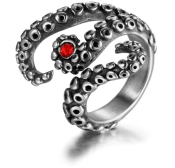 fycouyee Titan Stahl Ring Persönlichkeit Vintage Herren Oktopus Rubin Tentakel Hand Ornament