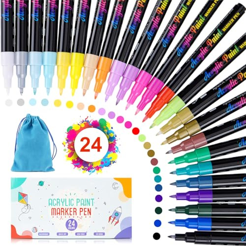 Goffii Pennarelli Acrilici Doppia Punta, 24 Colori Acrylic Marker con Pennello e Punta Fine, Pennarelli Ad Alcool per Tessuti Pittura Vetro Sassi, Legno, Tela, Atossici e Inodori, Asciugatura Rapida