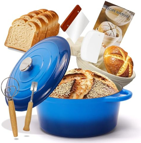 Enameled Cast Iron Dutch Oven Bread Baking Set with Accessories, 5Litres-26cm Nonstick Casserole Pot for Homemade Sourdough Bread, Braising, Stews, Roasting Dark Blue