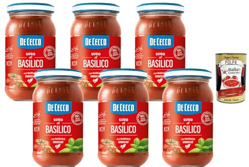 Italian Gourmet bundle für De Cecco Sugo al Basilico 6x200g Glas, italienische Tomatensauce mit Basilikum Genovese DOP für Pasta & Pizza Vorratspack + Italian Gourmet polpa