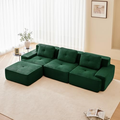 Luscriate Modulares Cordsofa 3-Sitzer L-Form – Couch Coud frei kombinierbares Sofa ohne Montage, modernes Wohnzimmer Sofa Grun 3-Sitzer+1 (Green, 3S+1)