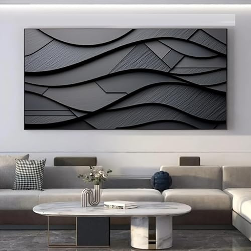 UUDEZO Modernes abstraktes Leinwandbild mit schwarzer Textur, großes zeitgenössisches Kunstwerk für Wohn- und Schlafzimmer (60 x 120 cm (24 x 47 Zoll), schwarzer Rahmen)