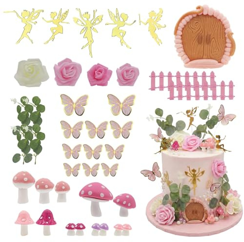 DIELOVEHUA 40 Stück Fee Kuchen Dekoration, Feen Tortendeko, Fee Kuchen Topper mit Schmetterling, Blume, Pilz, für Feengarten Mottoparty Mädchen Geburtstag Hochzeit Party