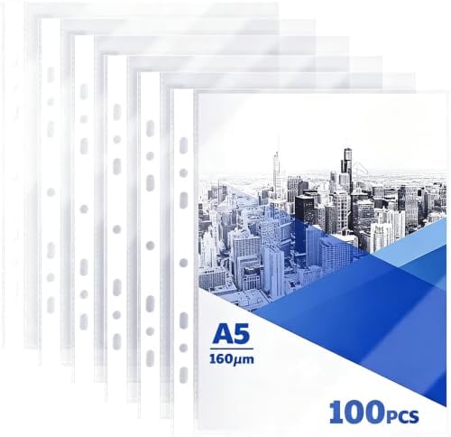 100 Stück Klarsichthüllen A5 Prospekthüllen A5 Extra Stark | Öffnung Oben, 160µ Folienhüllen DIN A5 mit 7 Lochung, PP-Material zum Schutz von Papier, Akten & Dokumenten