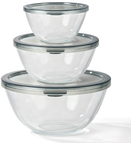 MEIDIV Set of 3 Glass Bowls with Lid, 1050ml/2700ml/4400ml Glass Mixing Bowl for Baking, Large Kitchen Salad Bowls, Serving Bowl with lid for Cooking, Baking, Meal Prep, Microwave Dishwasher Safe