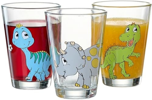 Ritzenhoff & Breker Kindergläser Dino, 3er Set, 205 ml, Bedruckte Kinderbecher mit Dinosaurier-Motiven, Spülmaschinengeeignet