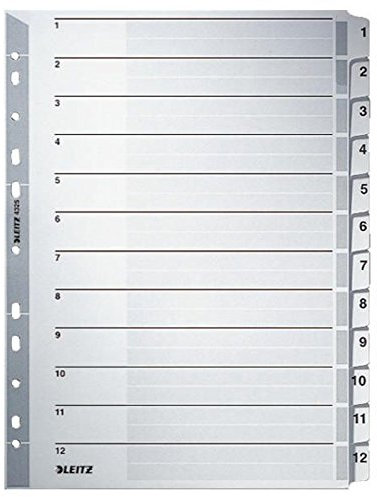 Leitz Register für A4, Deckblatt und 12 Trennblätter, Taben mit Zahlenaufdruck 1-12, Lochrand und bunte Taben folienverstärkt (Mylar), Grau, Karton, 43250000