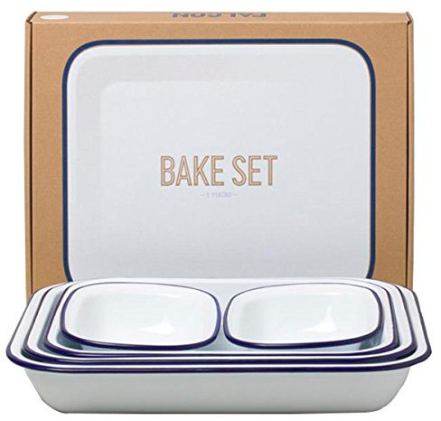 Falcon Enamelware 5-Piece Enamel Bake Set - Durable & Elegant White with Classic Blue Rim - Oven, Dishwasher Safe, Versatile for Roasting, Baking, Serving - Ideal for Home, Kitchen, Gifting