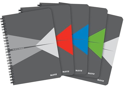 Leitz Office Notizbuch Liniert A5, 5er Pack, mit robustem Einband aus Karton, Drahtkammbindung, 90 Blatt, 90 g/m², elfenbeinfarbenes Papier, verschiedene Farben, 44590099