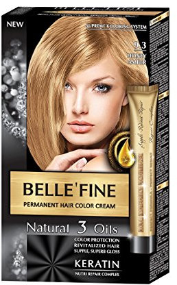 BELLE'FINE® - Black Series - Tinte permanente natural - Con 3 aceites y queratina - Miel ámbar