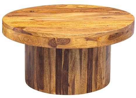 FineBuy Couchtisch Sheesham Massivholz rund Ø 60 cm, Höhe 30 cm – Wohnzimmertisch im Monolith/Drum Design mit Säulenfuß – Handgefertigter Echtholz Tisch modern & stabil
