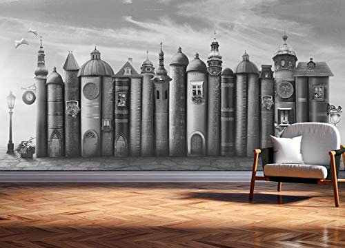 Vlies Tapete XXL Poster Fototapete Bücher Fantasy Bibliothek Farbe schwarz weiß, Größe 400 x 200 cm