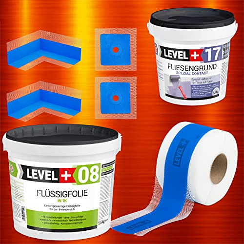 Dicht-Set 5,5Kg Flüssigfolie, 1,5kg Fliesengrund, 5m Dichtband, 2 Innenecken, 2 Wandmanschetten, Dusche, Bad, SET332