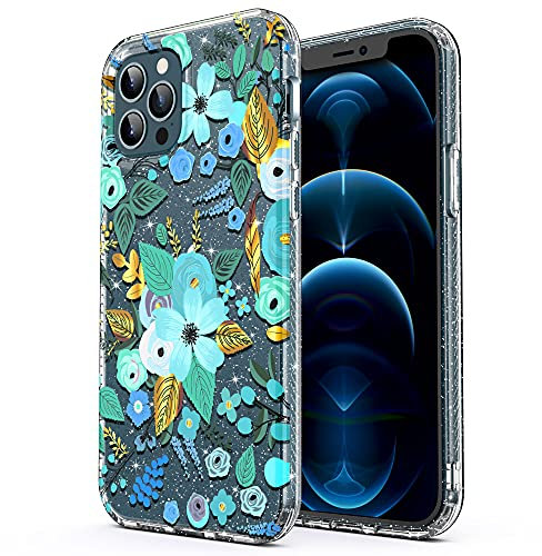 ULAK Clear Case for iPhone 12 Pro Max, Glitter Sparkly Soft TPU Bumper Anti-Scratch & Shockproof Patterned Protective Phone Cover Case for iPhone 12 Pro Max 6.7 Inch, Mint Flower