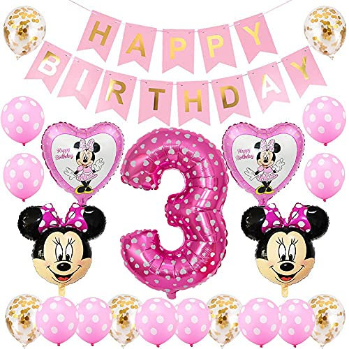BESTZY 23 PCS Minnie Theme Party Decorations - 3rd Birthday Minnie Balloons Number 3 Foil Balloons, Happy Birthday Banner for Kids Theme Party