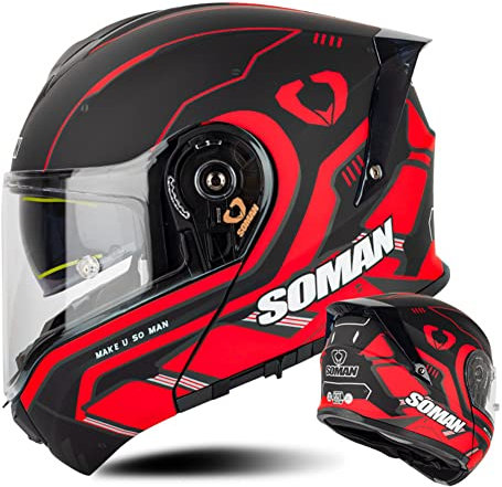 RUTXE Motorrad Modularer Helm Moped E.C.E Integralhelm mit Doppelscheibe helme Roller Sturzhelm für Herren & Damen (Mattrotes Pferd) (65~66cm 4XL)