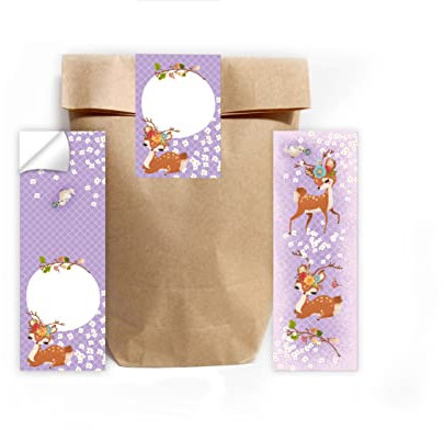 Junapack 12 Lesezeichen + 12 Geschenktüten (Natur) + 12 Aufkleber REH Mitgebsel Gastgeschenk beim Kindergeburtstag Mädchen