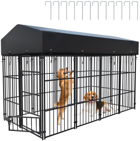 Large Outdoor Dog Kennel Crate: Heavy Duty Pet Pen House, Wire Outside Walk In Chicken Run Cage Coop with UV-Resistant Waterproof Canopy Roof Cover and Stakes (249x120x165cm)(Not for little cats)