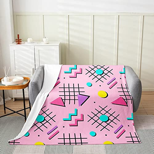 80er 90er Memphis Decke Retro Indie Ästhetik Fleecedecke für Mädchen Teenager Frauen Bunte geometrische Überwurfdecke weiche gemütliche Flauschige Decke für Bett Sofa Couch Rosa 75 x 100 cm
