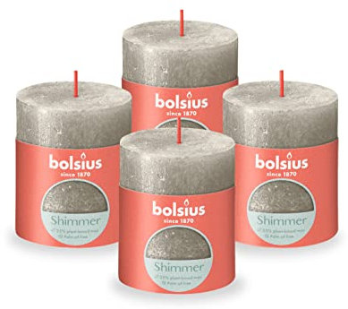 Bolsius Rustikale Stumpenkerze - Shimmer Champagner Silber - 4 Stück - Lange Brenndauer von 35 Stunden - Haushaltskerze - Innendekoration - geruchlos - Natürliches veganes Wachs - Ohne Palmöl