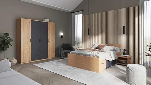Inter Link - Funktionsbett - Stauraumbett - Bett mit Schubladen und Nachttische - Farbe Eiche Artisan - Grau -Für Erwachsene, Kinder, Jugendliche - Doppelbett- Liora Bett 140 x 200 cm