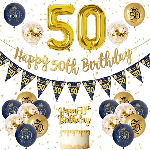 50 Geburtstag Dekoration Männer Blau Gold 50. Geburtstag Girlande Banner, Geburtstagsdeko für Männer 50, Navy Blau Gold Geburtstag Luftballons 50, Konfetti Luftballons für Männer 50. Geburtstag