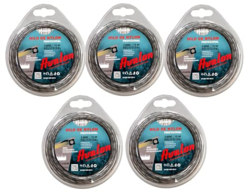 Avalon - Pack 5 Hilos Reforzado de Nylon Universal para Desbrozadora y Cortacésped (2 mm x 15 m) - Hilo de desbrozadora Reforzado DualPower para maleza