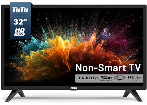 TuTu, TV LED de pantalla plana HD 720P de 81,3 cm (32 pulgadas) con audio Dolby, HDMI, USB, VGA, RCA, altavoz de doble canal, TV no inteligente o monitor para habitación, cocina, oficina