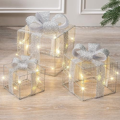 Christow Light Up Warm White LED Parcels, Gift Box Decorations, Battery Operated with Timer, Set of 3 (Silver)