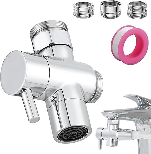 Roscid 3 Voies Valve Inverseur de Douche en Laiton Massif Adaptateur M22-24, M22-G1/2, G1/2 3 Voies Soupape pour Cuisine, Valve de Dérivation avec Rondelles Caoutchouc pour Salle de Bain, Argenté