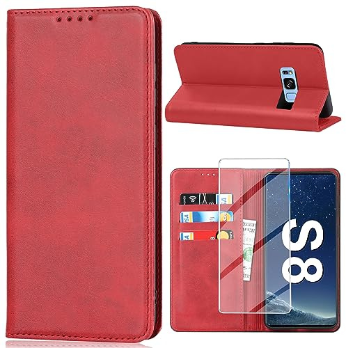 Vaki Handyhülle für Samsung Galaxy S8 Hülle mit Schutzfolie, Schutzhülle Galaxy S8 PU Leder Wallet Kartenfach Ständer Klapphülle Lederhüllen Case für Samsung S8 Tache Cover (Rot)