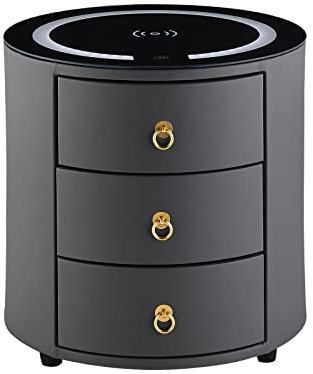 TUKAILAI Nachttisch mit Wireless Charging & LED-Beleuchtung, Moderner Nachtschrank mit 3 Schubladen, Rundes Nachtkästchen aus Kunstleder, Grau, 46x46x46cm