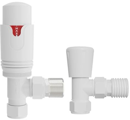 NRG White Angled Thermostatic Valve Bathroom Towel Rail Radiator Valves TRV 15mm Central Heating Taps with Free Lockshield Valve