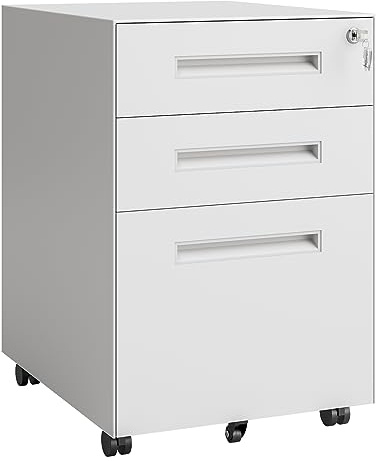 Dripex Caisson Bureau 3 Tiroirs, Caisson de Bureau Métal avec roulettes et Serrure pour Rangement de Documents et Dossier Suspendu pour Travail, Bureau à Domicile, 45 x 39 x 60 cm - Blanc