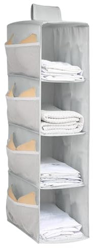 QUMENEY Hanging Wardrobe Storage Closet Organiser Hanging Storage Shelves With Side Pockets Clothes Organiser Space-Saving and Foldable Bedroom Storage Grey (4 Layers)